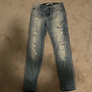 Destressed jeans.
